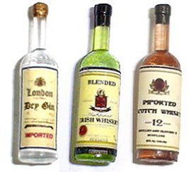 Dollhouse Miniature Liquor Set#1-Gin, Irish Whiskey, Scotch Whiskey